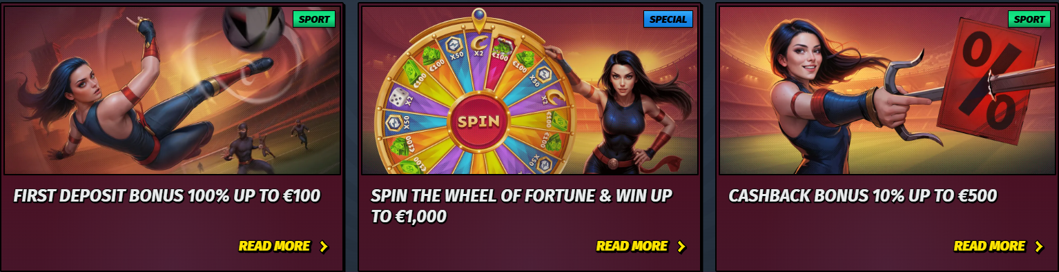 Promotional bonus cards featuring a first deposit bonus of 100% up to €100, a Wheel of Fortune prize promotion up to €1,000, and a cashback bonus of 10% up to €500, each with illustrated female characters and “Read More” buttons.