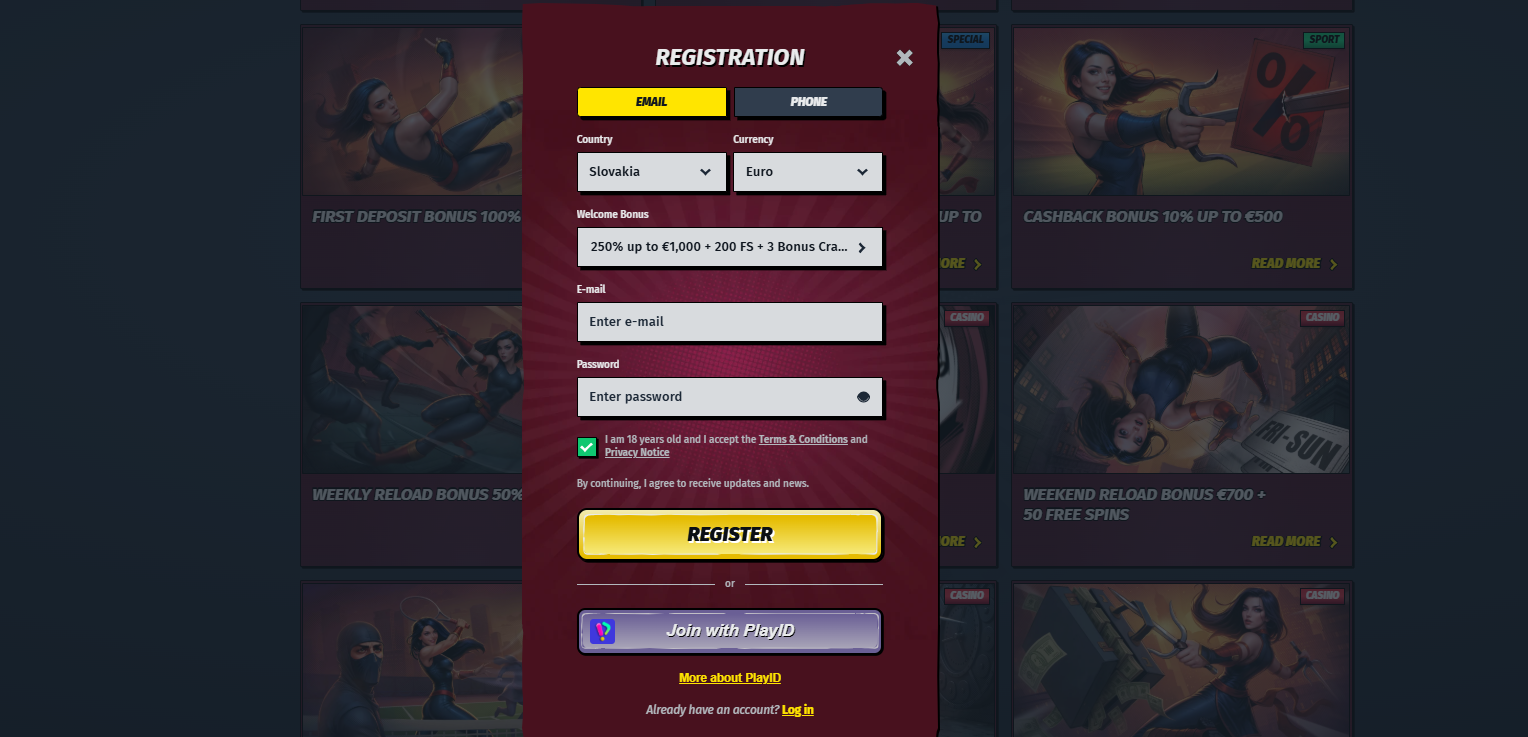 Registration modal with Email and Phone tabs, including fields for country (Slovakia), currency (Euro), welcome bonus selection, email and password inputs, a terms acceptance checkbox, a yellow “Register” button, and an alternative “Join with PlayID” option.